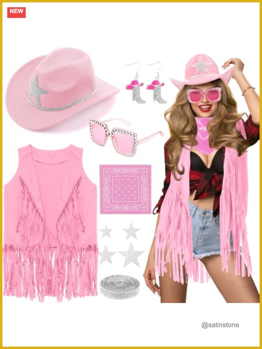 Western Cowgirl Costume Set Fringe Vest Felt Hat Earrings Bandana